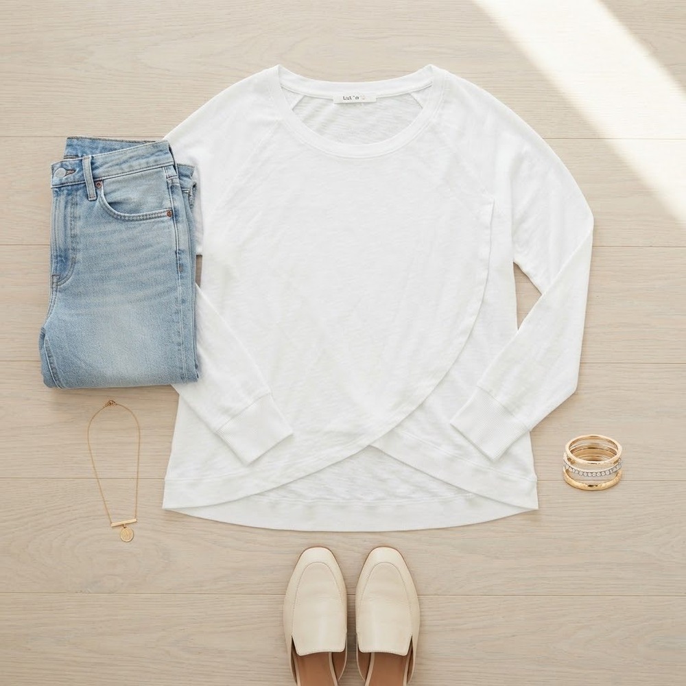 Good Luck Tee Crossover Long Sleeve Women L White Cotton Slub Casual Minimalist